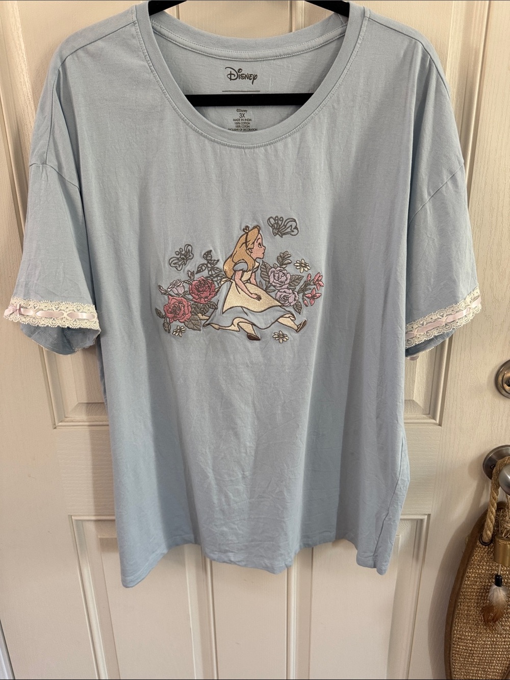 Disney Light Blue Alice in Wonderland Floral Appliqué Tee